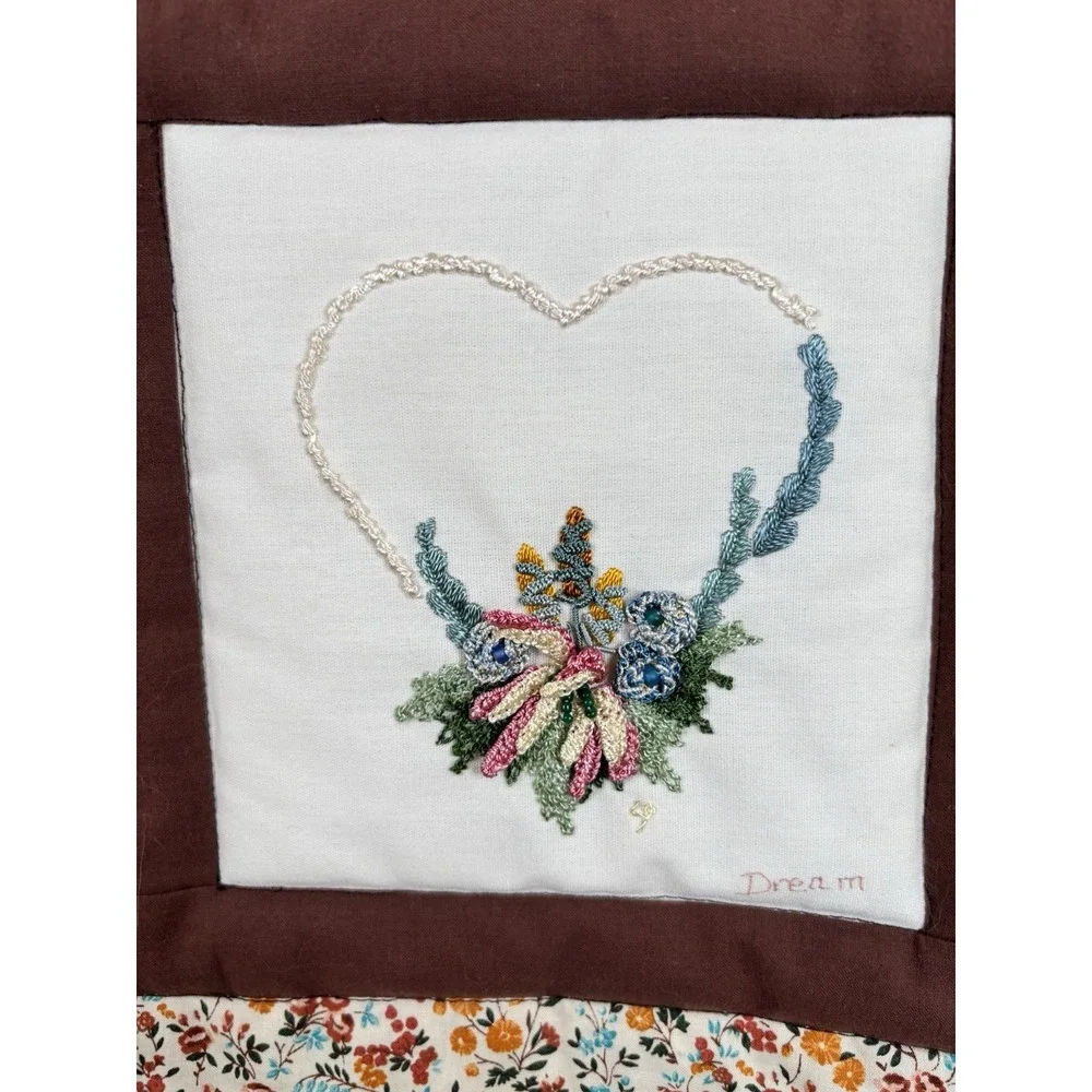 Vintage 70s Small Quilted & Embroidered Wall Hanging Hearts Brown‎ Floral